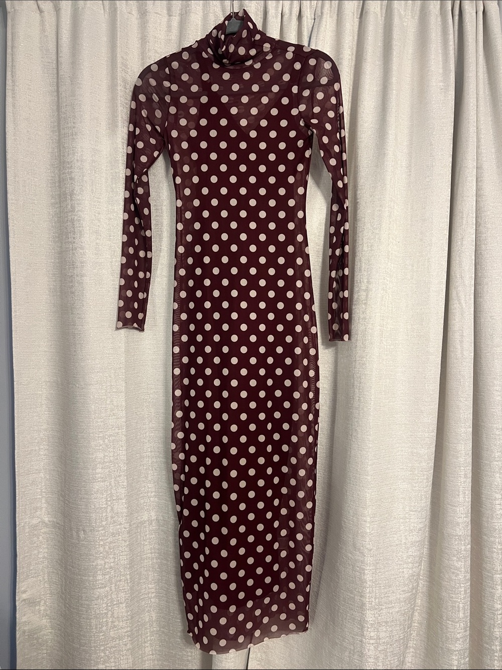 AFRM Burgundy and Cream Polka Dot Long Sleeve Turtleneck Midi Dress